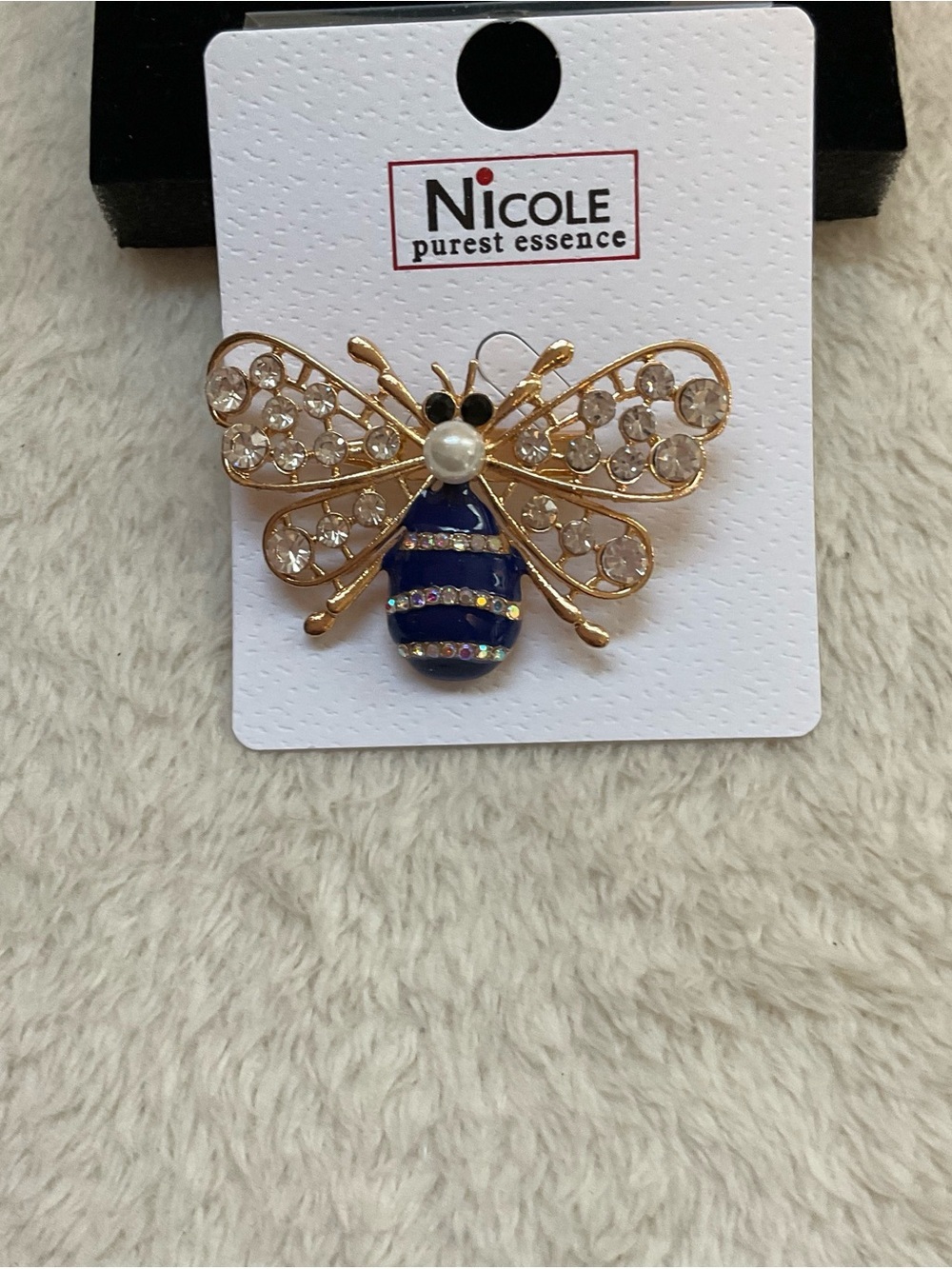 Nicole Gold-Tone Bee Brooch with Blue Enamel and Clear Crystals